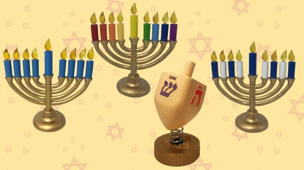 A rendering of the Bobblehead Museum's Menorah and Dreidel Bobbles.