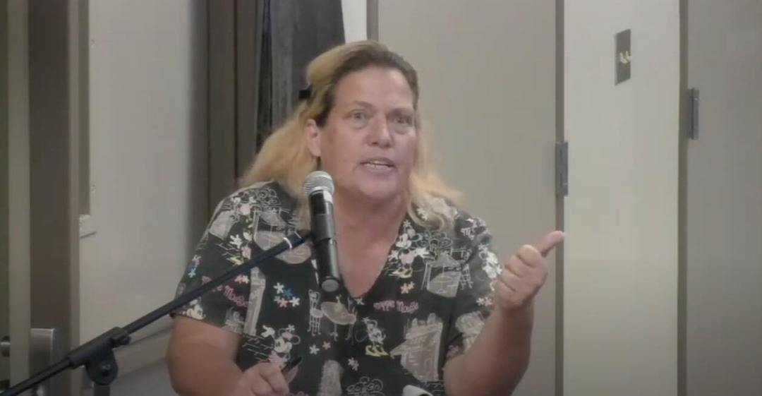 A woman at a school board meeting