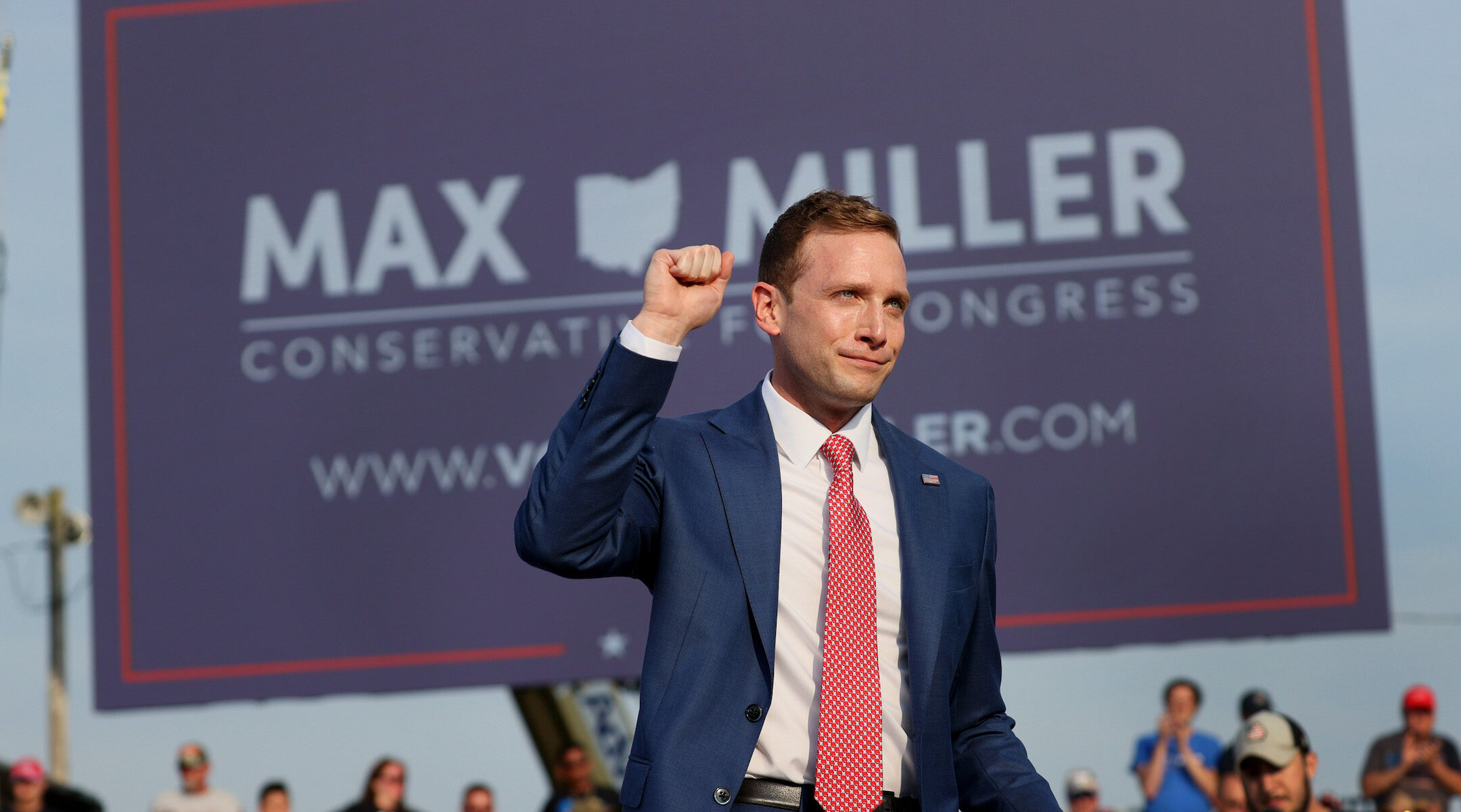 Max Miller arrives at a rally with Donald Trump