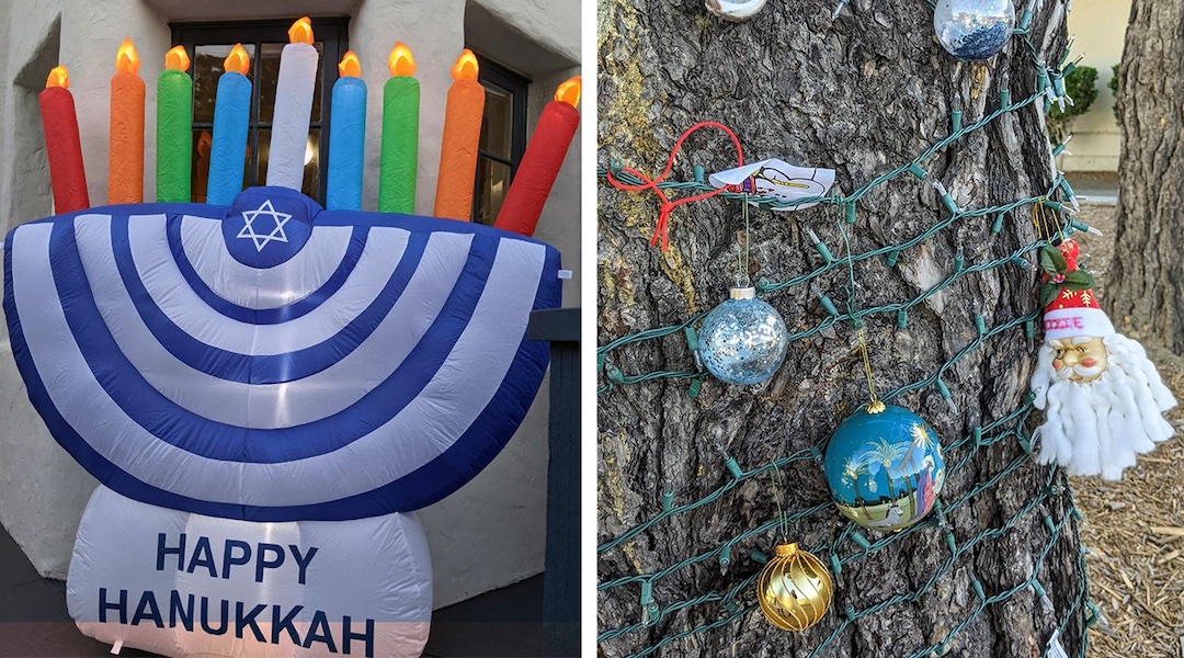 An inflatable menorah and a "holiday tree" decorated with ornaments