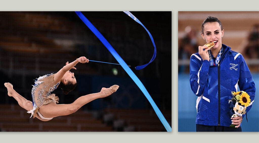 Linoy Ashram competes (left) and poses with her gold medal (right)