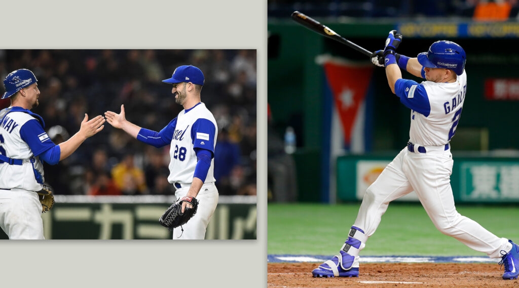 Left: Catcher Ryan Lavarnway, left, and pitcher Josh Zeid celebrating after defeating Cuba; Right: Blake Gailen hits an RBI double 