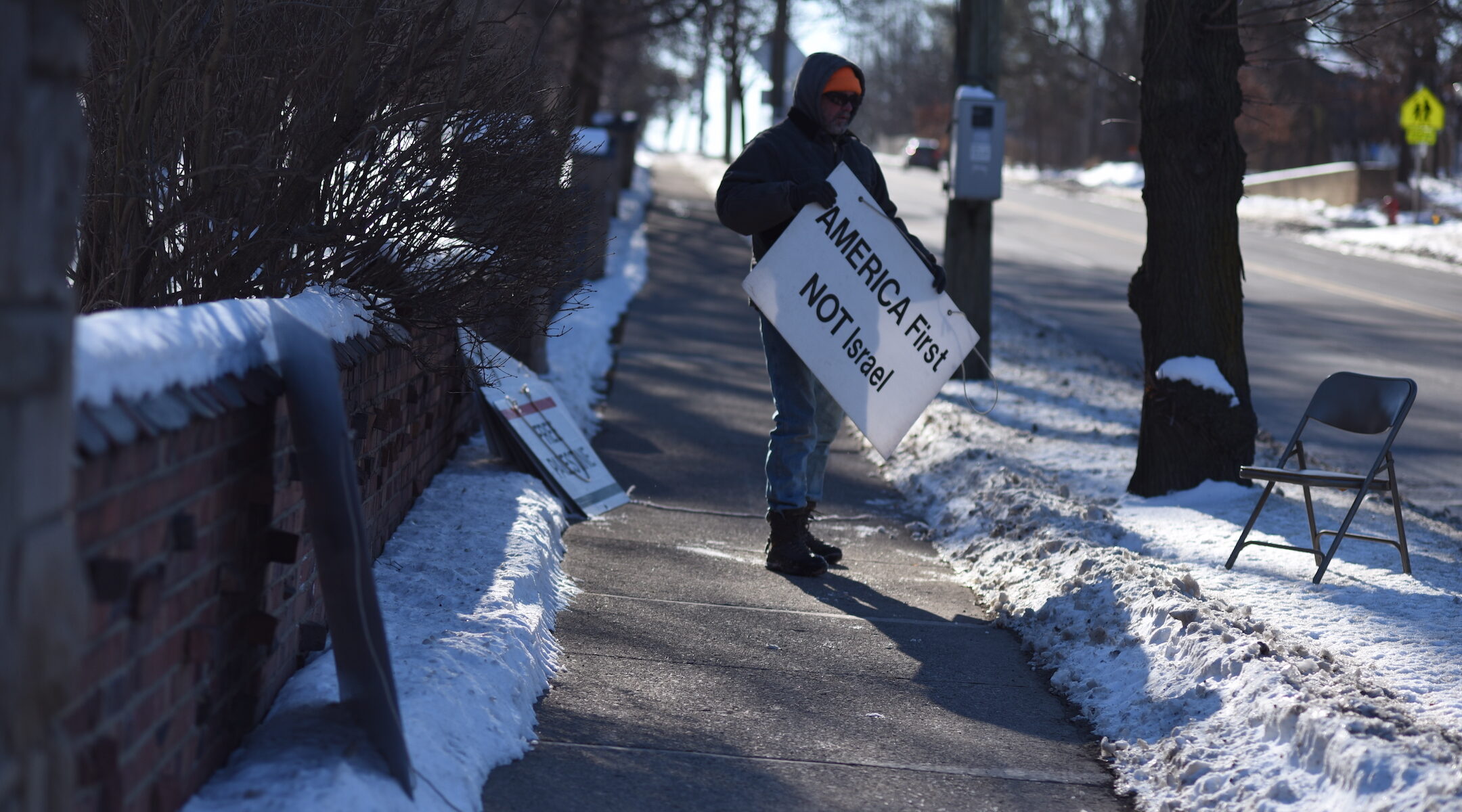 A protester outside