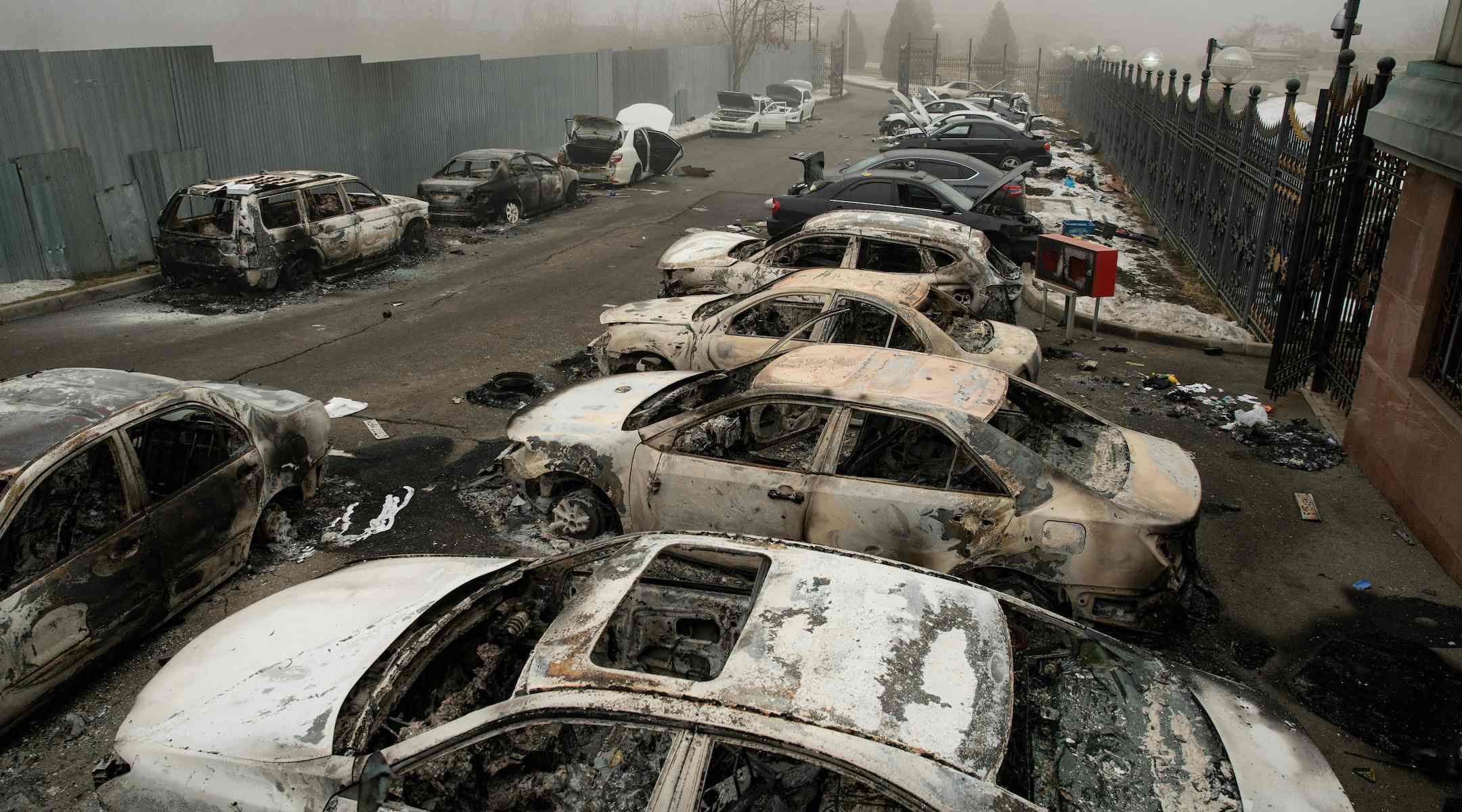 Burned cars in Almaty, Kazakhstan
