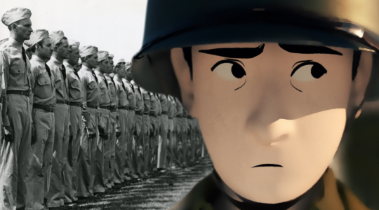 Animated soldier looks away from army