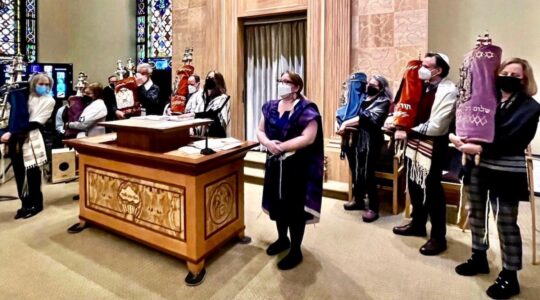 Clergy, members and guests celebrate the 100th anniversary of SAJ, Judaism that Stands for All, the flagship Reconstructionist synagogue on Manhattan’s Upper West Side, Jan. 29, 2022. (Courtesy Comptroller Brad Lander)