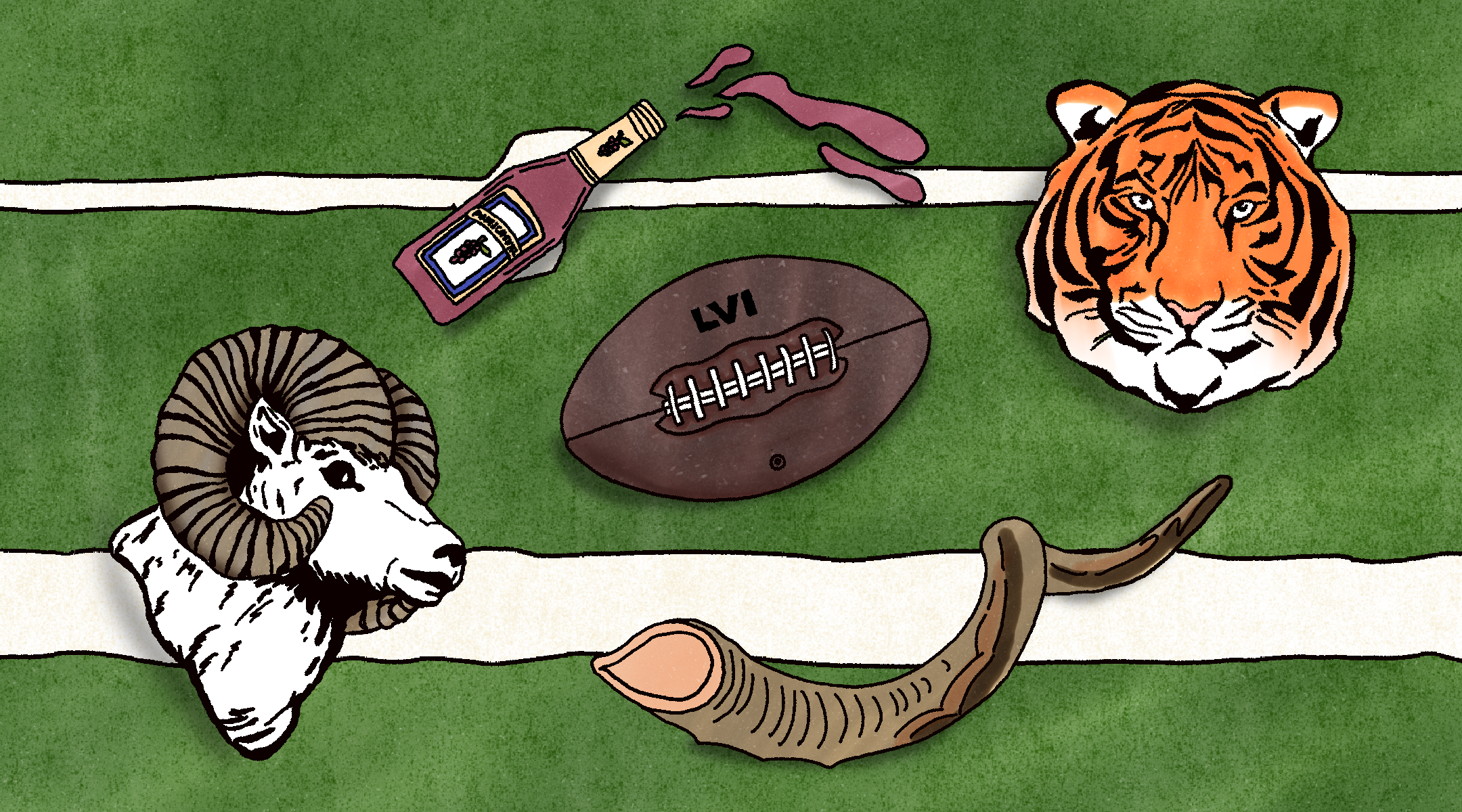 A ram, wine bottle, tiger, shofar, and football on a football field