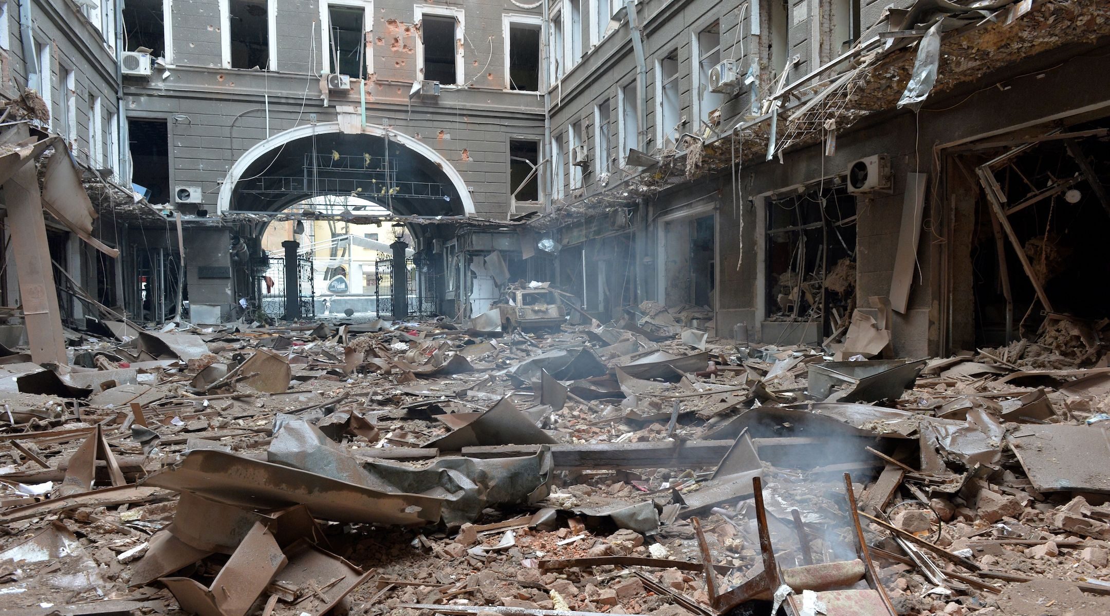 Damaged building in Kharkiv's Constitution Square