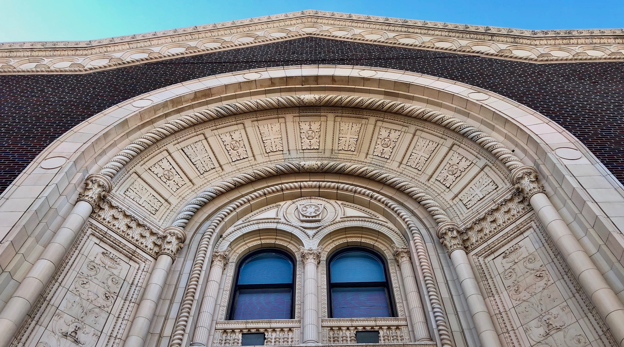 A close-up of a building archway