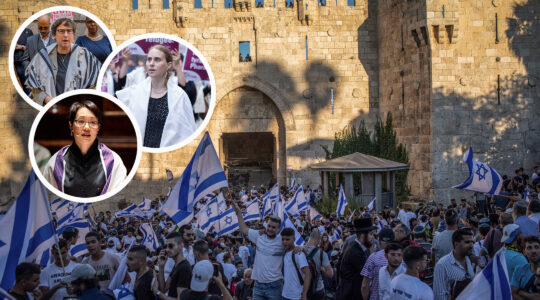 Rabbis against backdrop of demonstration