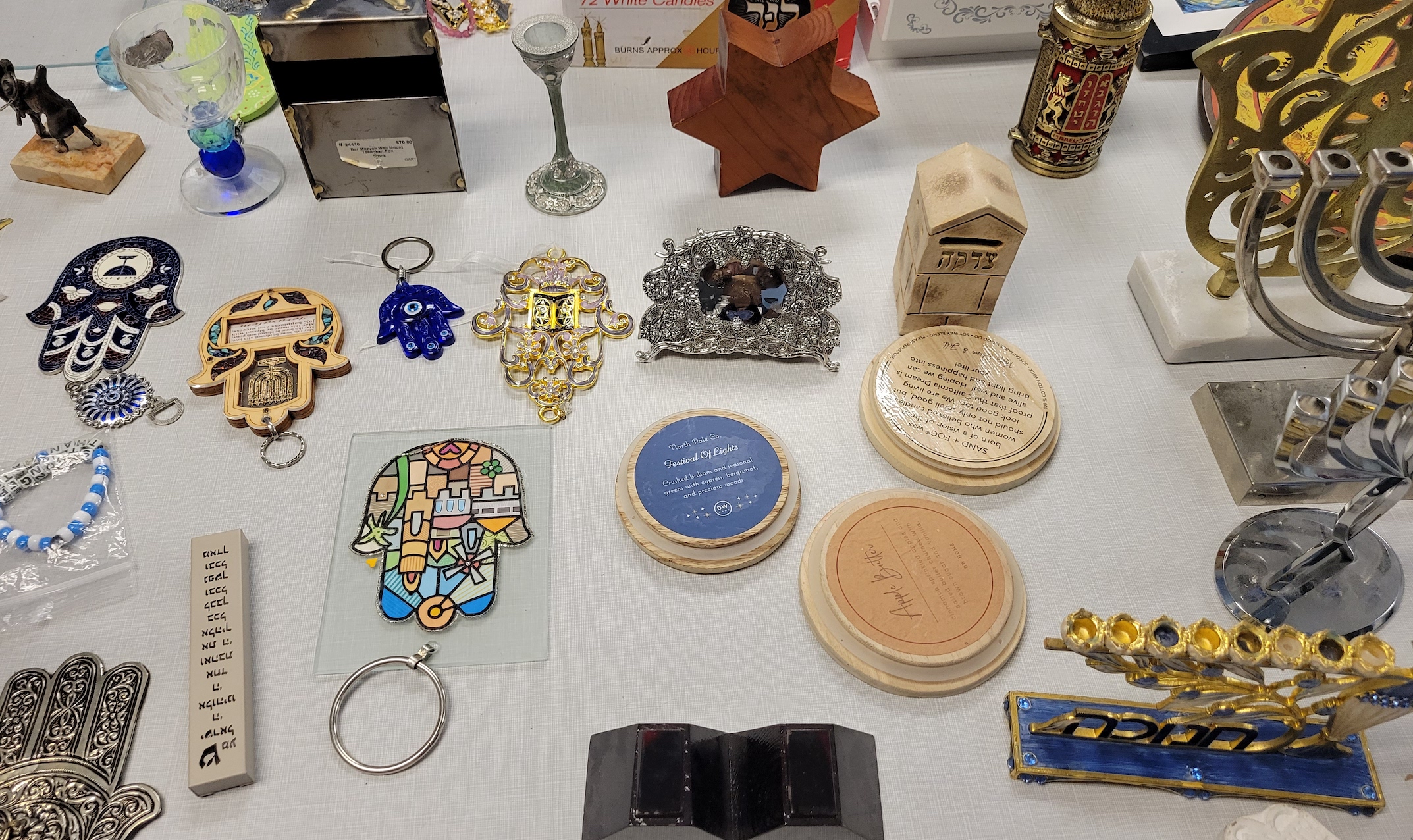 A table laid out with Judaica items