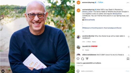 A screenshot of Woman's Day magazine's instagram post announces Rabbi Steven Leder will be the magazine's new "Rabbi in Residence."