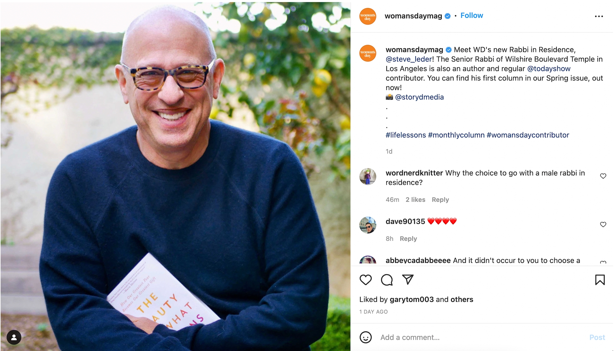 A screenshot of Woman's Day magazine's instagram post announces Rabbi Steven Leder will be the magazine's new "Rabbi in Residence."