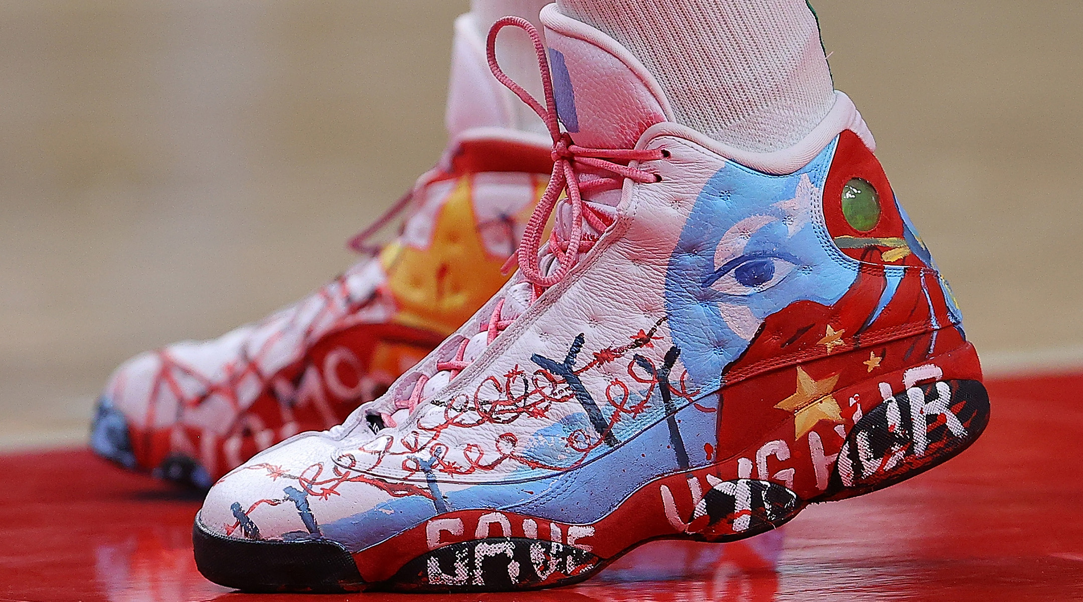 Enes Kanter Freedom shoes saying "Save Uyghur"