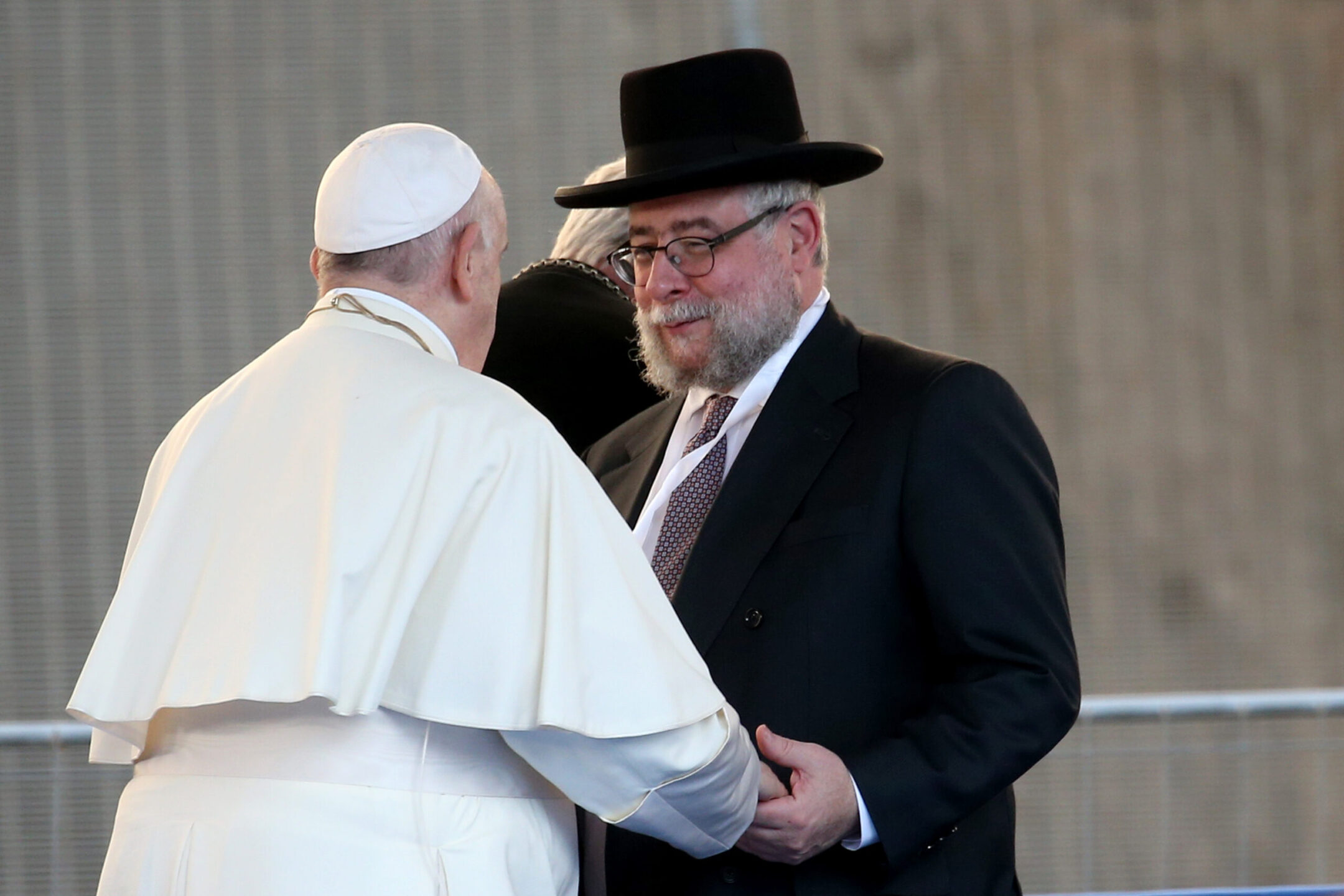 Pope Francis greets Rabbi Pinchas Goldschmidt during an International Meeting for Peace in Rome, Oct. 7, 2021. (Franco Origlia/Getty Images)
