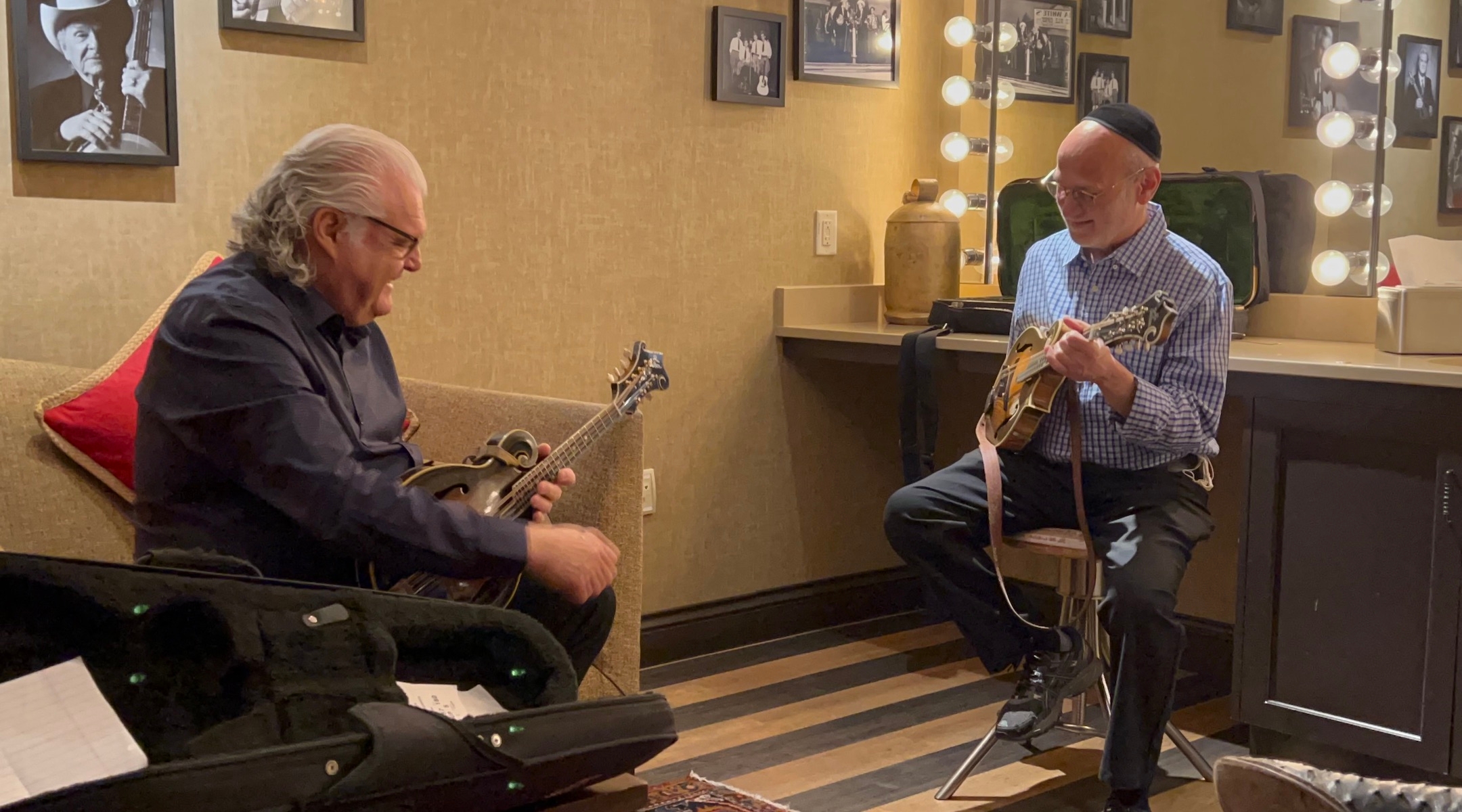 Andy Statman, right, with bluegrass great Ricky Skaggs backstage at the Grand Ole Opry, June 22, 2022. (Barbara Statman)