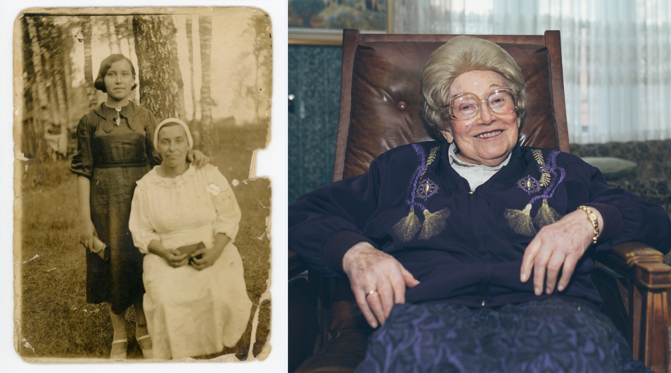 Two images of Shula Kazen, one from her youth and one from her old age