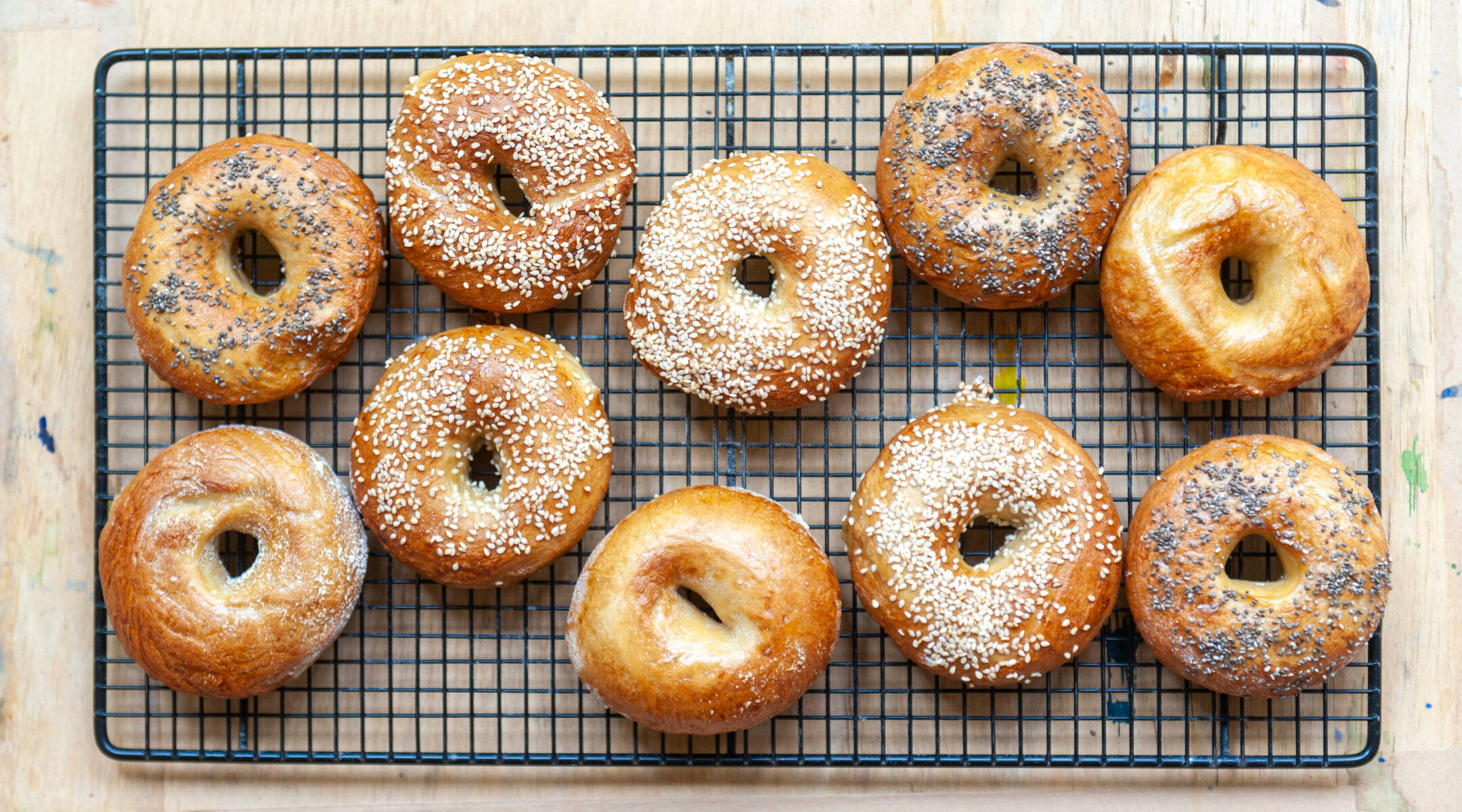 Wire rack of bagels