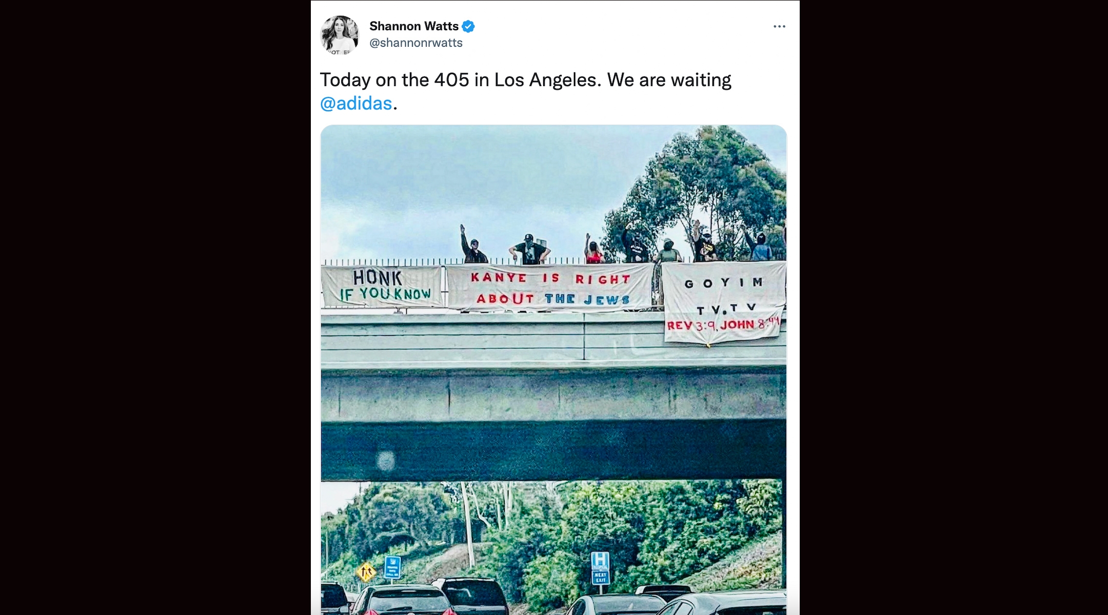 Pictures of the Goyim Defense League banners supporting Kanye West’s comments about Jews went viral after they were captured in Los Angeles, Oct. 22, 2022. (Screenshot from Twitter)