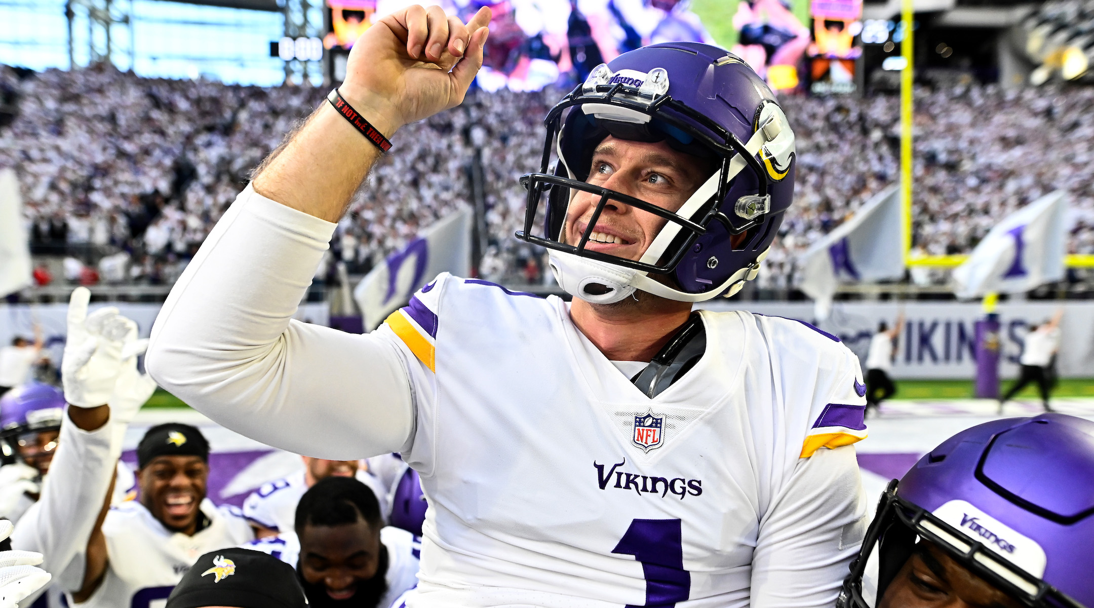 Greg Joseph celebrates with teammates after kicking a game-winning field goal against the New York Giants at U.S. Bank Stadium in Minneapolis, Dec. 24, 2022. (Stephen Maturen/Getty Images)