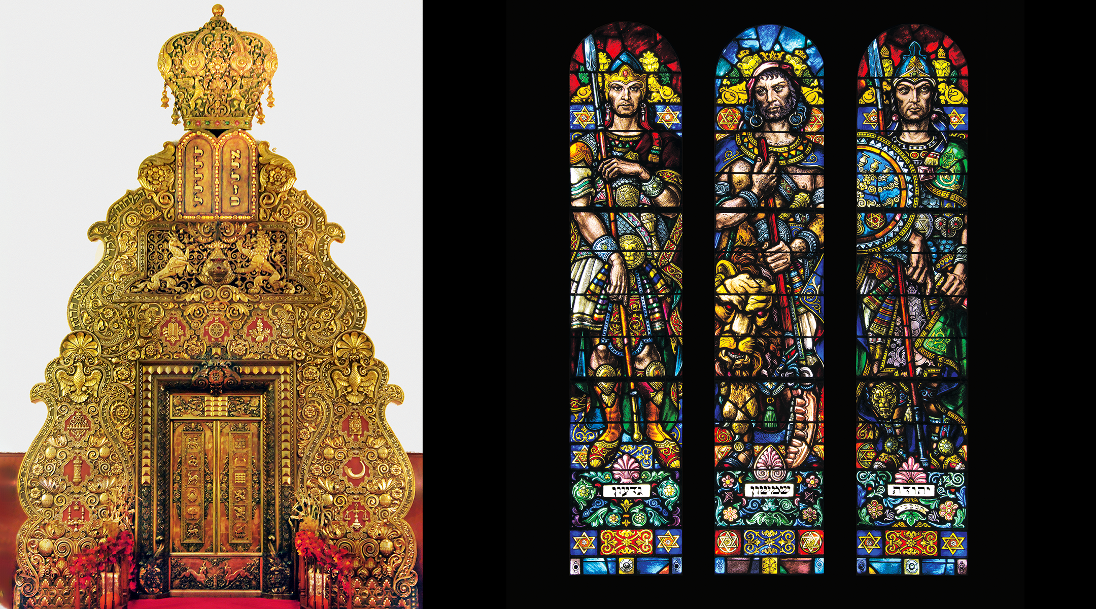 The baroque form of Szyk’s ark at the Forest Hills Jewish Center, left, is reminiscent of the arks of Eastern European synagogues that were destroyed in the war; Szyk’s stained glass “Warrior Windows” at Cleveland’s Reform Temple Tifereth Israel feature the biblical figures Gideon, Samson and Judah Maccabee. (Courtesy of Irvin Ungar)