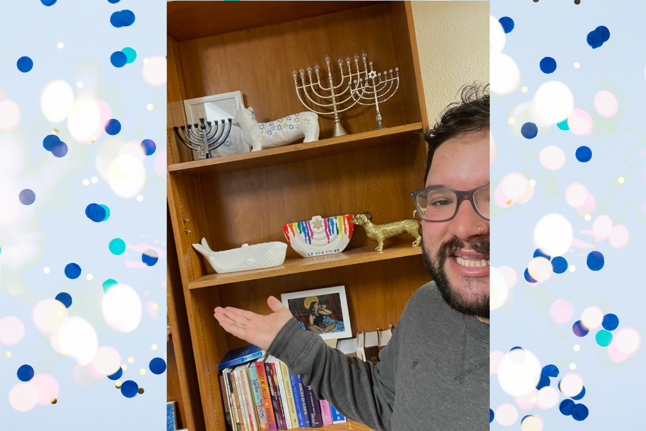 Nicholas Wymer-Santiago takes a selfie showing off his menorah collection, mostly acquired at his local Target in Austin, Texas. (Courtesy of Wymer-Santiago)