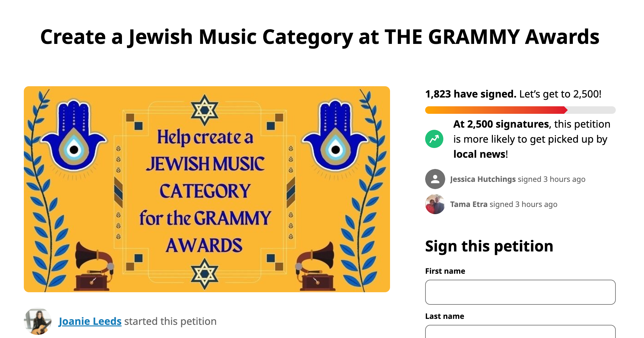 A petition to add a Jewish Grammys category garnered more than 1,800 signatures in its first week. (Screenshot from Change.org)