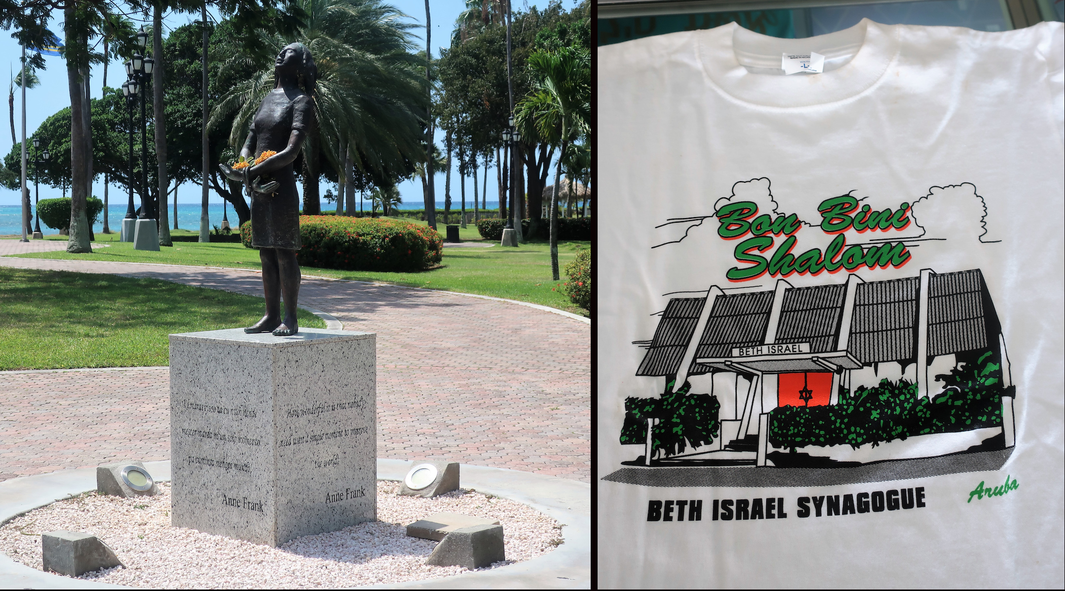 A bronze statue of Anne Frank stands in the Queen Wilhelmina Park in downtown Oranjestad, Aruba, at left; at right, a T-shirt for sale in the Beth Israel gift shop in Aruba reads “Bon Bini,” meaning “welcome” in Papiamento, the local language. (Dan Fellner)