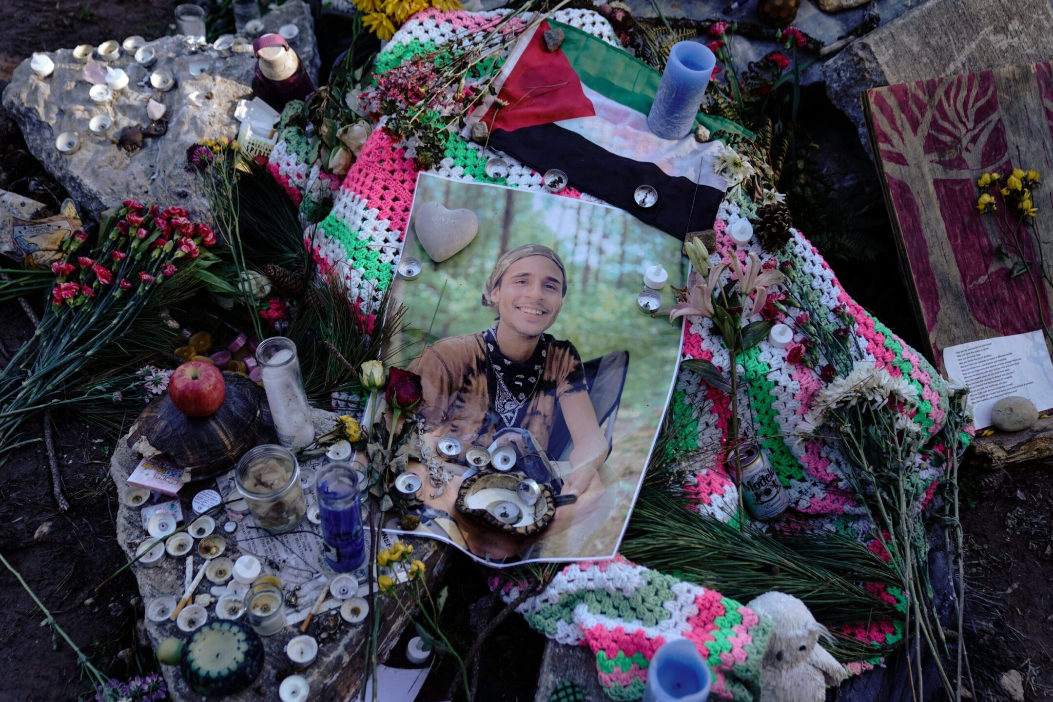 A makeshift memorial for environmental activist Manuel Paez Teran, who was allegedly killed by law enforcement during a raid to clear the construction site of a police training facility that activists have nicknamed “Cop City” near Atlanta, Georgia, as seen Feb. 6, 2023. (Cheney Orr/AFP via Getty Images)