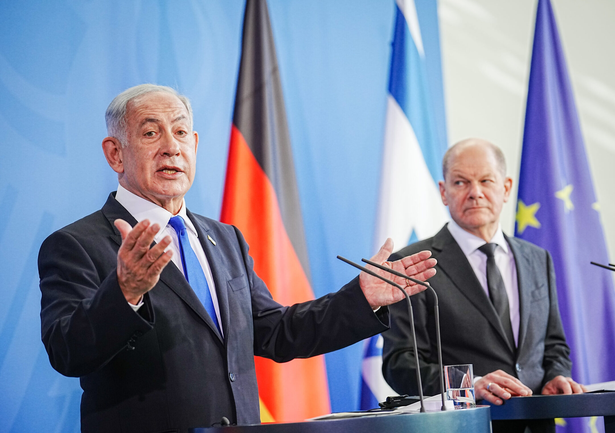 German Chancellor Olaf Scholz (R) and Benjamin Netanyahu. prime minister of Israel, hold a press conference at the chancellor’s office in Berlin, March 16, 2023 (Kay Nietfeld/picture alliance via Getty Images)
