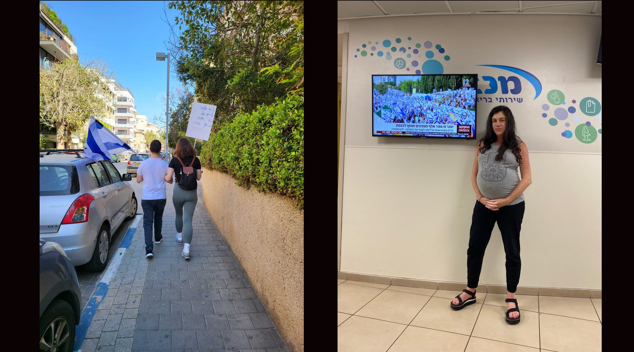 Yariv and Daria, left, walk in Tel Aviv after participating in anti-government protests on Monday, March 27, 2023; at right, Natalie Solomon said her trip to a high-risk pregnancy clinic took more than four times longer than normal because of the protests. (Deborah Danan)