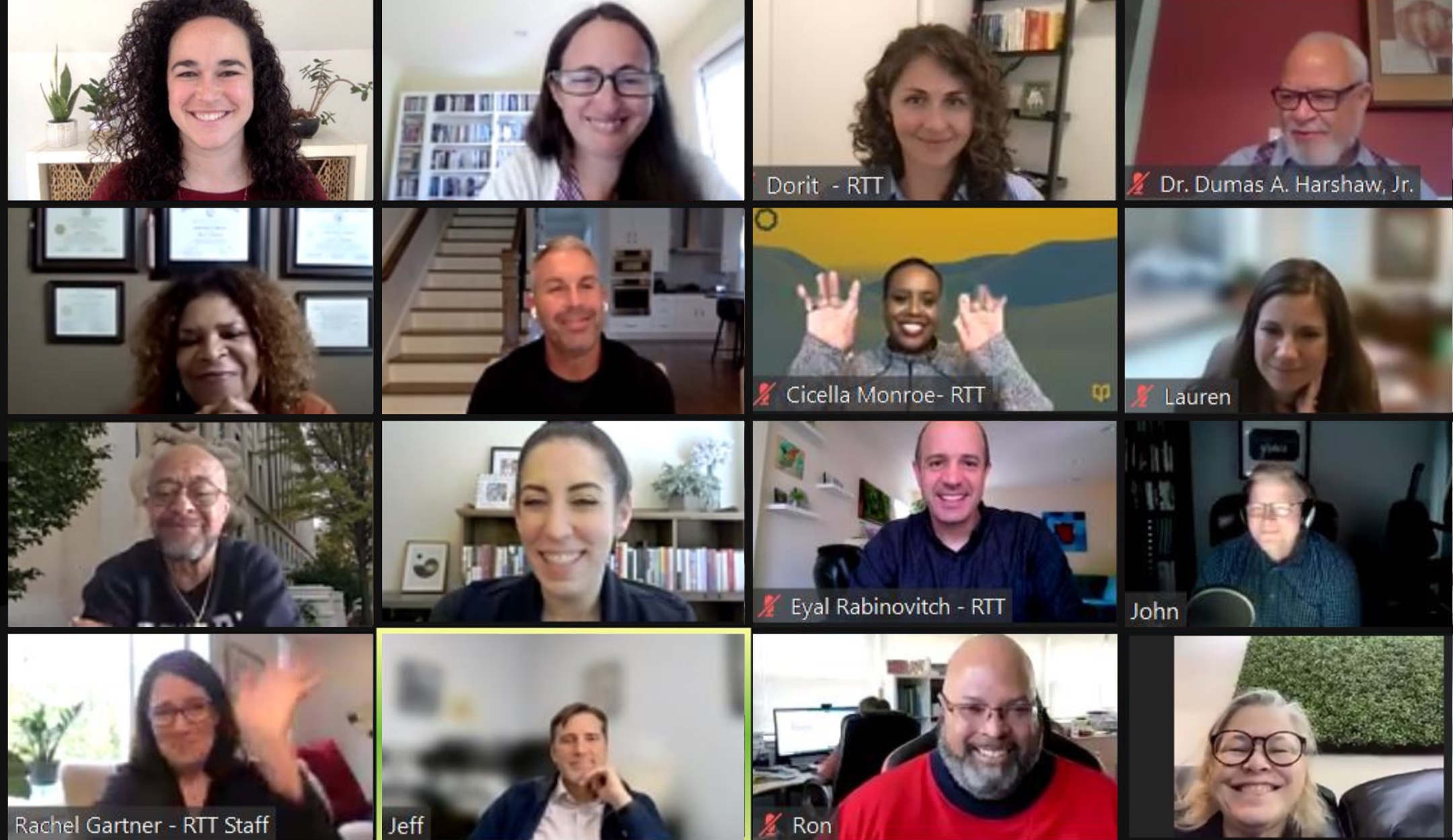 A screen capture of a Zoom session of a Multi-Faith Convener Cohort for Faith Leaders in the South. Michele Freed is at the upper left, and Rabbi Melissa Weintraub is second from the upper left, Nov. 5, 2021. (Resetting the Table.)