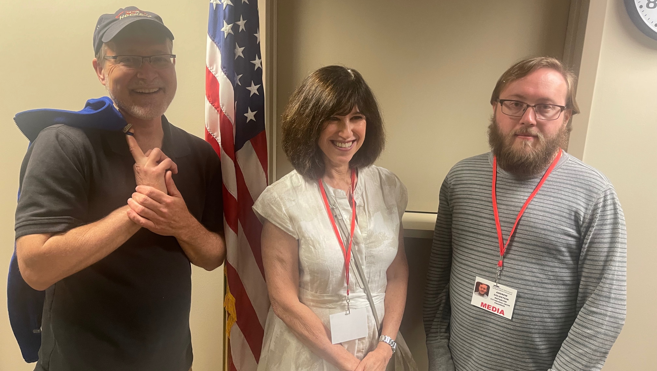 From left to right, Bob Batz of the Pittsburgh Union Progress, Toby Tabachnick of the Pittsburgh Jewish Chronicle and Andrew Goldstein of the Progress pose in the Joseph Weis Jr. Courthouse in Pittsburgh, April 21, 2023. (Ron Kampeas)