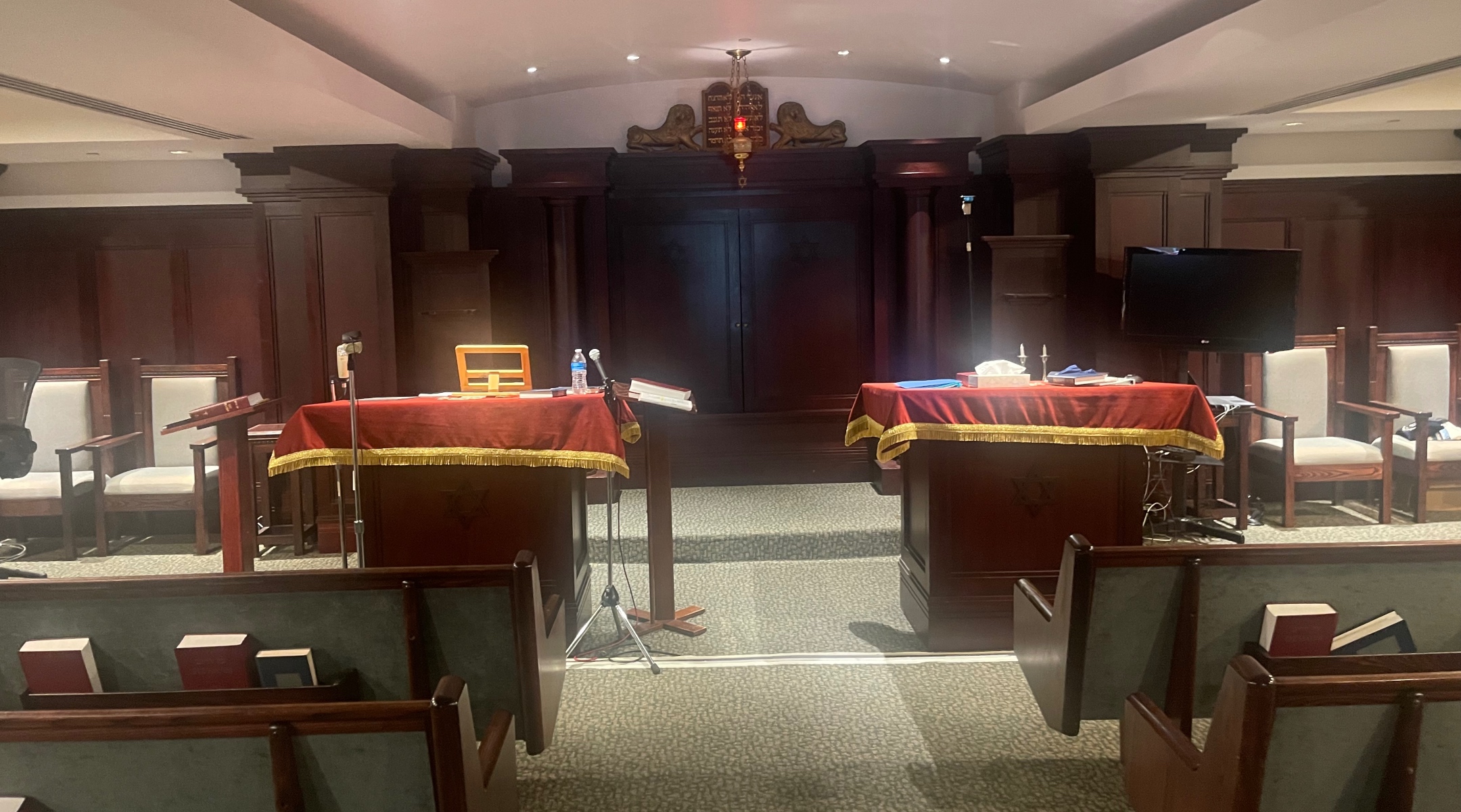 The interior of the new sanctuary of the New Light congregation, four and half years after a gunman massacred three of its congregants, in Pittsburgh, April 21, 2023. (Ron Kampeas)