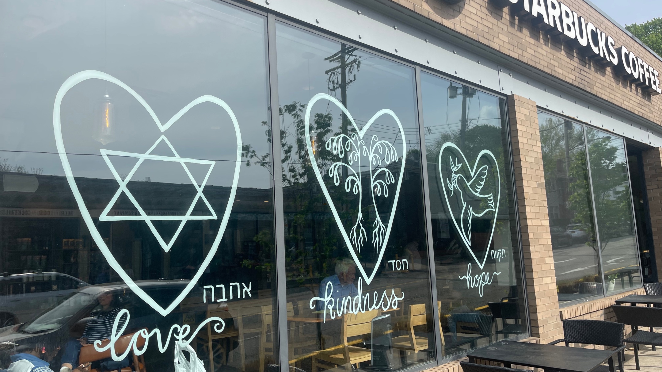 A Starbucks in the Squirrel Hill neighborhood of Pittsburgh is decorated with a memorial for the victims of the 2018 massacre at the city’s Tree of Life synagogue, April 21, 2023. (Ron Kampeas)