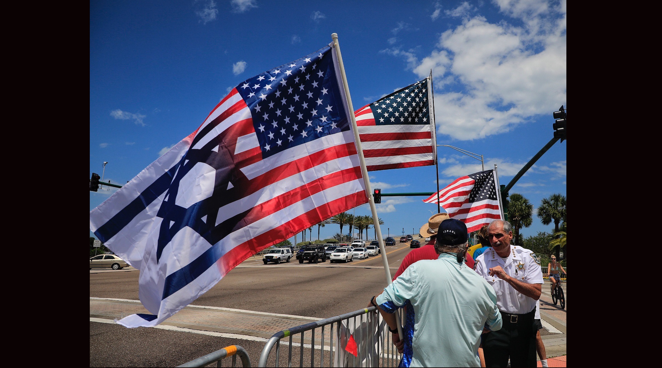 Volusia County Sheriff Michael Chitwood (right) thanks residents who turned up to counter-protest a canceled demonstration by a neo-Nazi group in Ormond Beach, Florida, April 22, 2023. (Nadia Zomorodian, courtesy of Volusia County Sheriff)