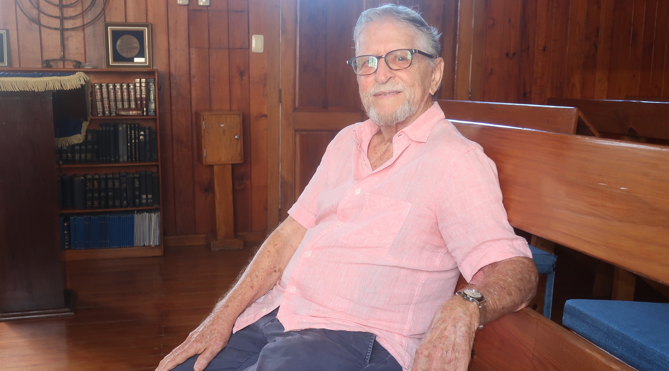 Joe Benjamin, president of the Jewish Community of Sosua, inside the sanctuary of La Sinagoga. (Dan Fellner)