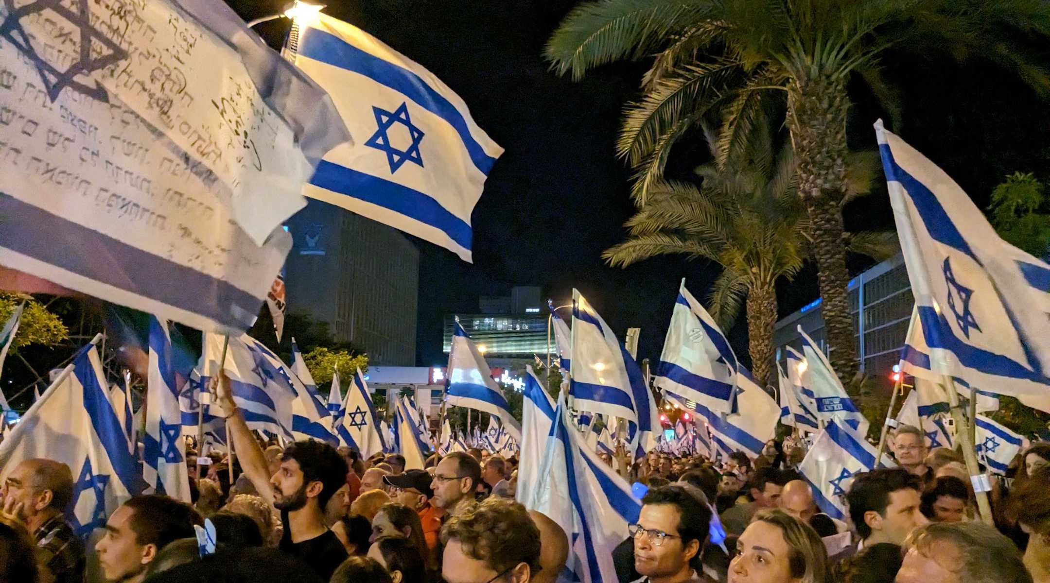 A Tel Aviv protest at the start of Yom Haatzmaut, Israel's Independence Day, featured a sea of flags, April 25, 2023. (Ben Sales)