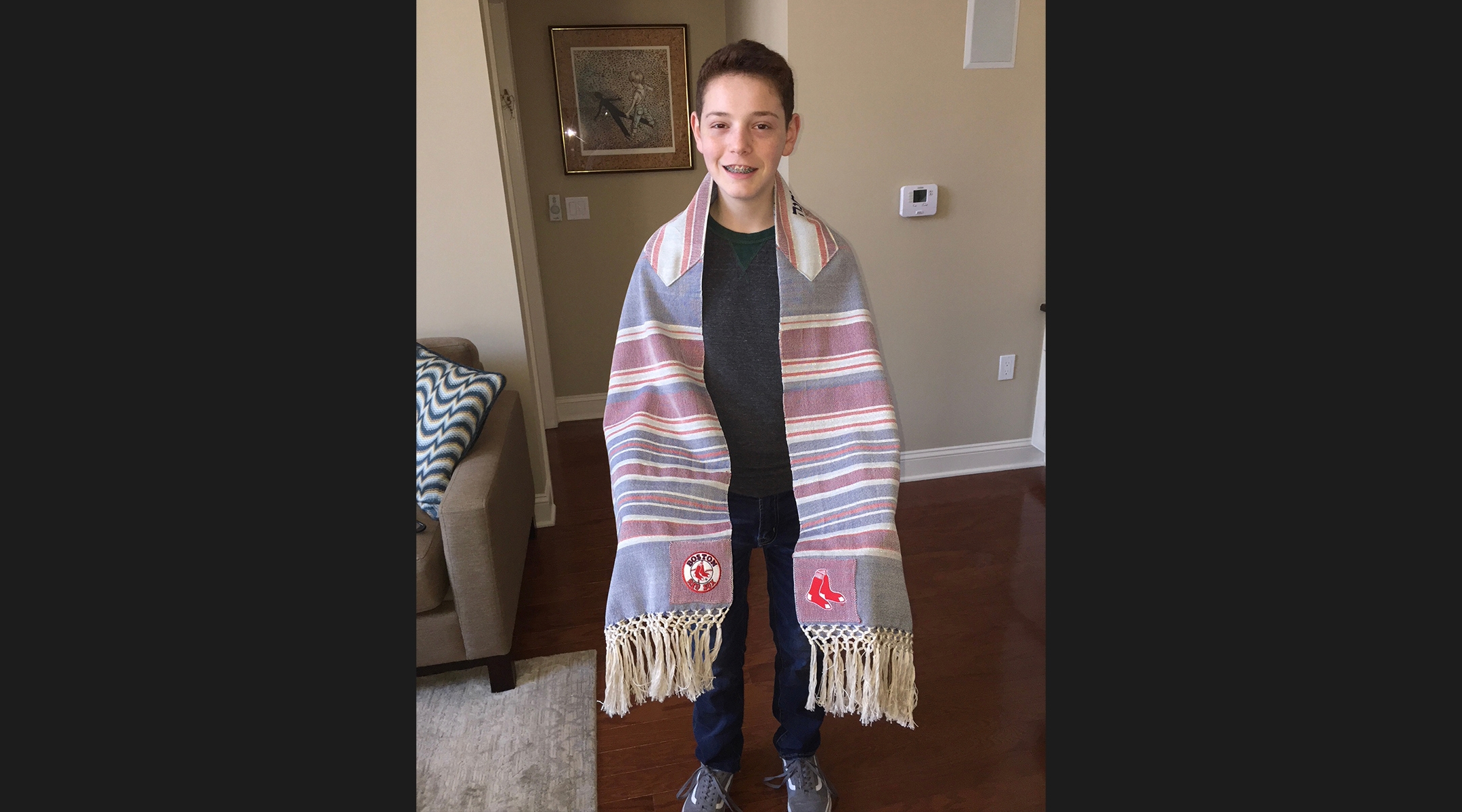 Jared Laff in his bar mitzvah tallit that included the Boston Red Sox insignia. (Congregation Neve Shalom)