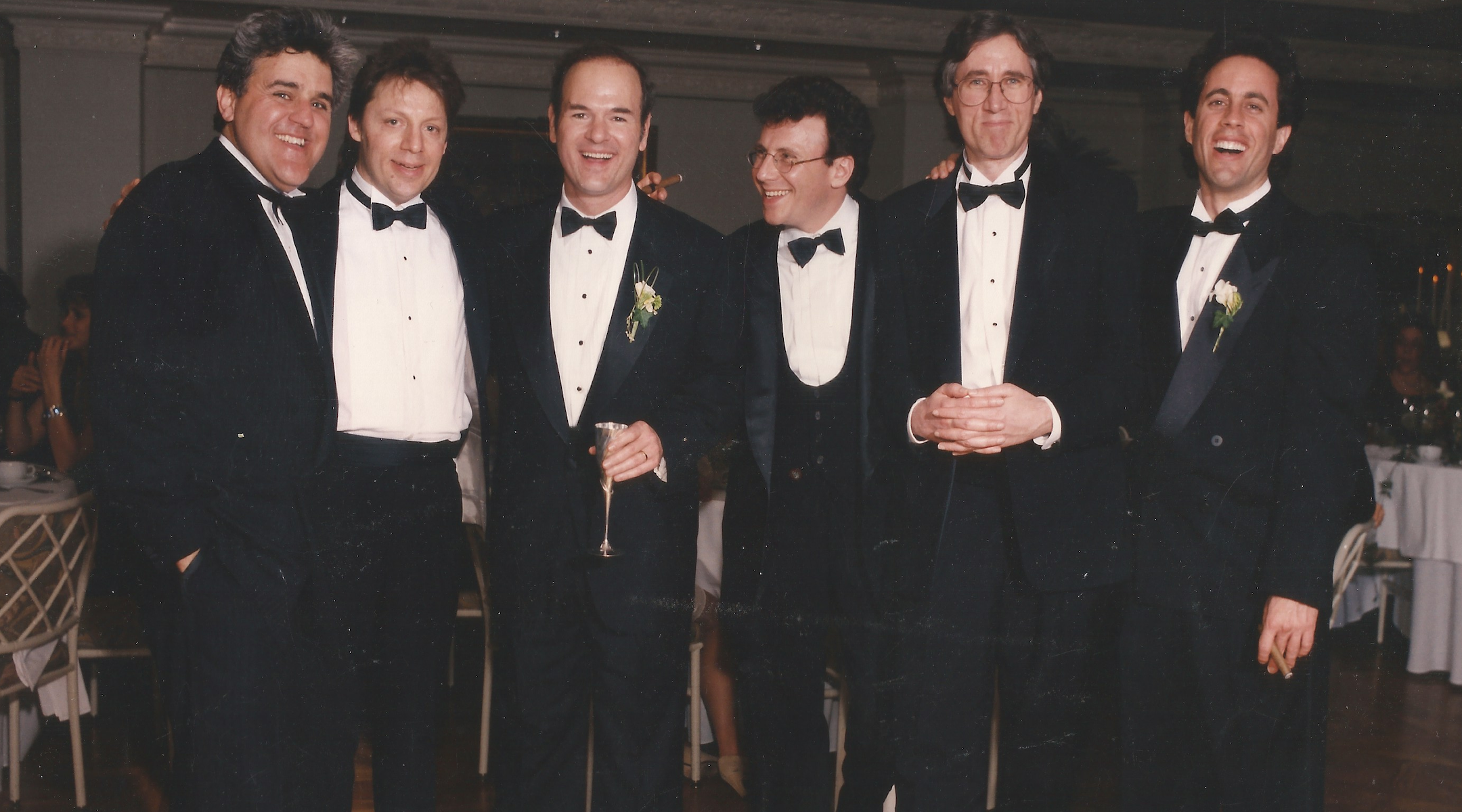 From left: Jay Leno, Mark Schiff, Larry Miller, Paul Reiser, Jimmy Brogan and Jerry Seinfeld at Miller’s wedding in 1993. (Courtesy of Schiff)
