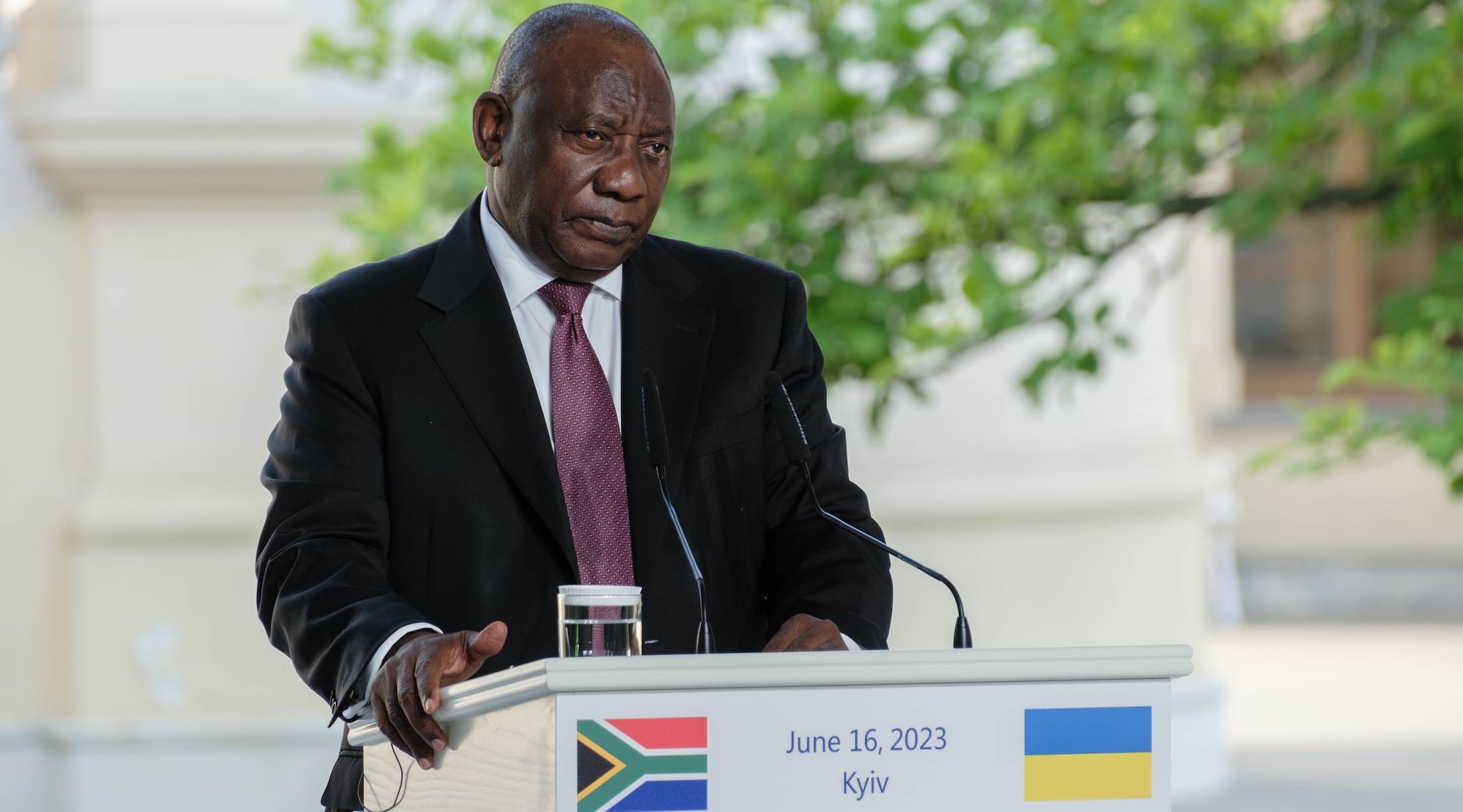South African President Cyril Ramaphosa speaks during a press conference in Kyiv on June 16, 2023. (Vitalii Nosach/Global Images Ukraine via Getty Images)