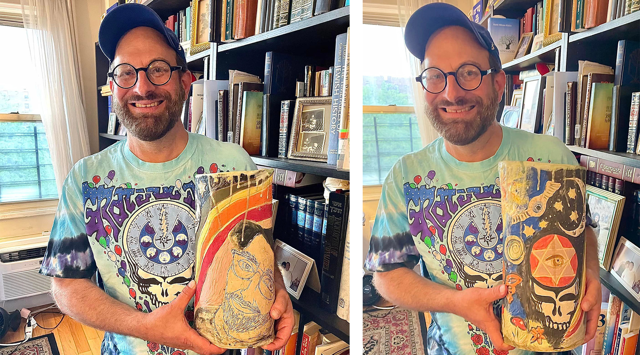 Grateful Dead superfan Rabbi David Kalb holds the vessel made by his wife, artist Deborah Yasinsky. In a Facebook post, Kalb invited fellow Deadheads to Jewish prayer services at the Dead & Company shows at Citi Field this week. (Courtesy)