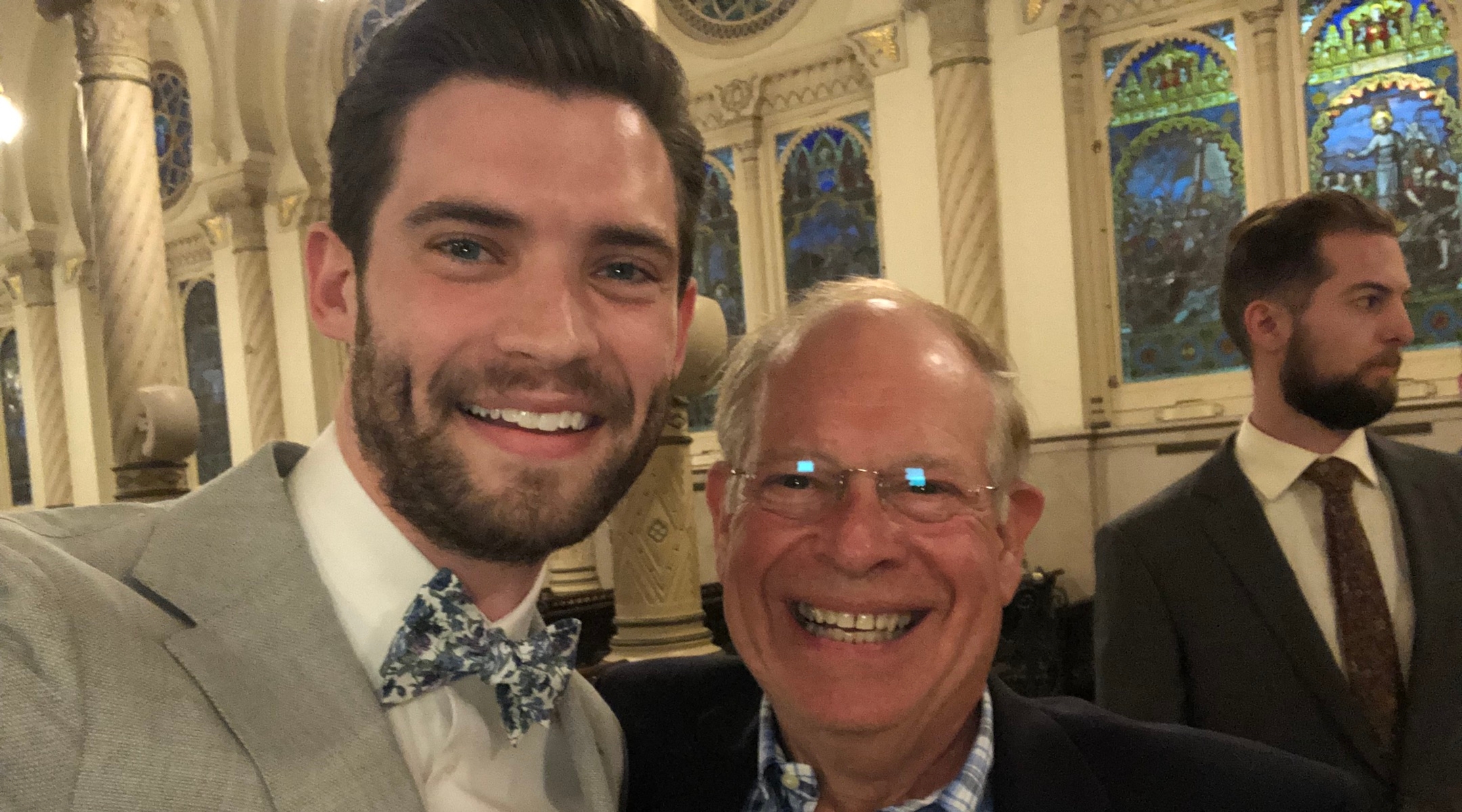 Corenswet poses with Rabbi Edward Cohn at his wedding rehearsal dinner at Immaculate Conception Jesuit Church in New Orleans. (Courtesy of Cohn)