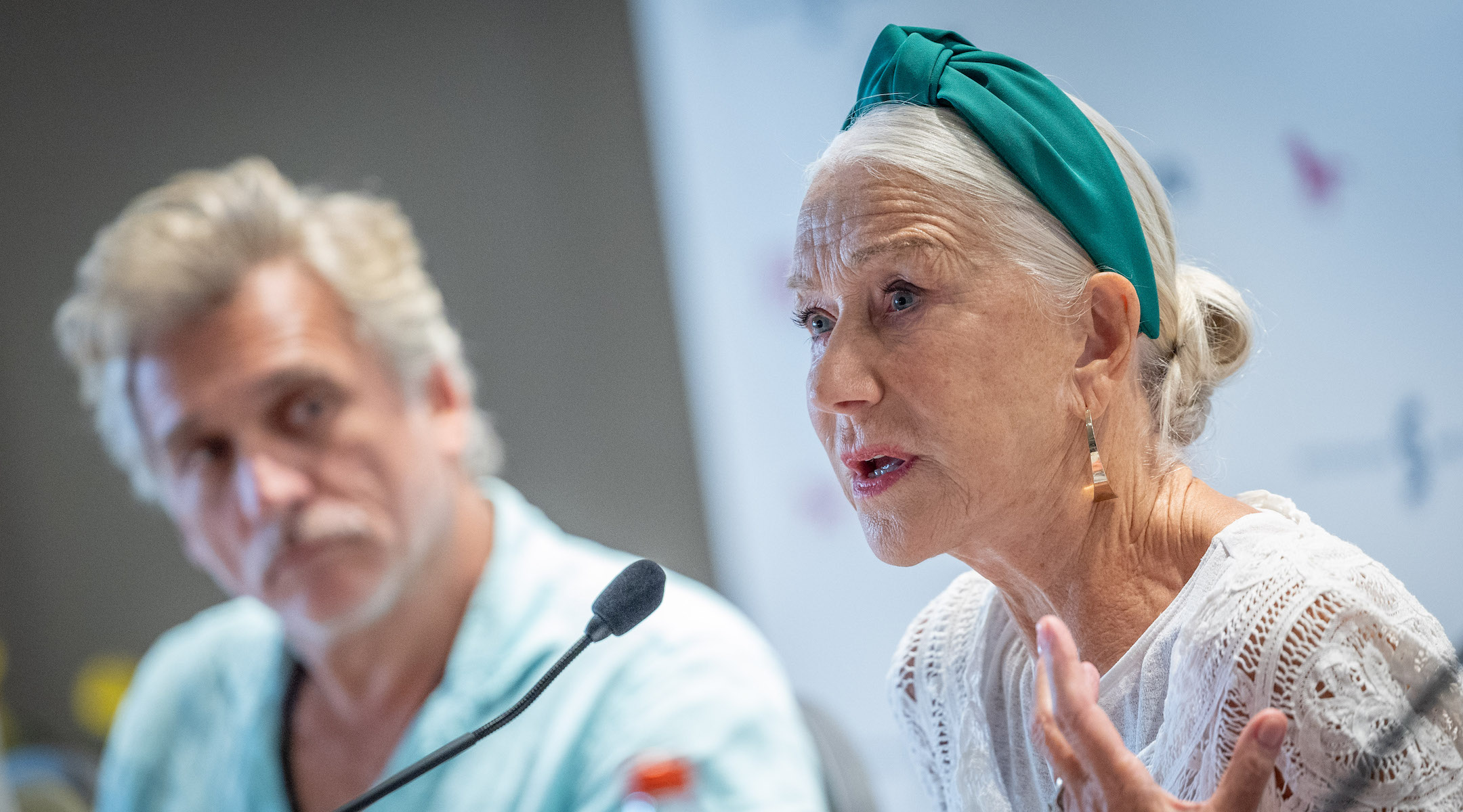 Helen Mirren and co-star Lior Ashkenazi (left) attend a press conference ahead of the Israeli premiere of the movie "Golda" in Jerusalem on July 13, 2023. (Yonatan Sindel/Flash90)