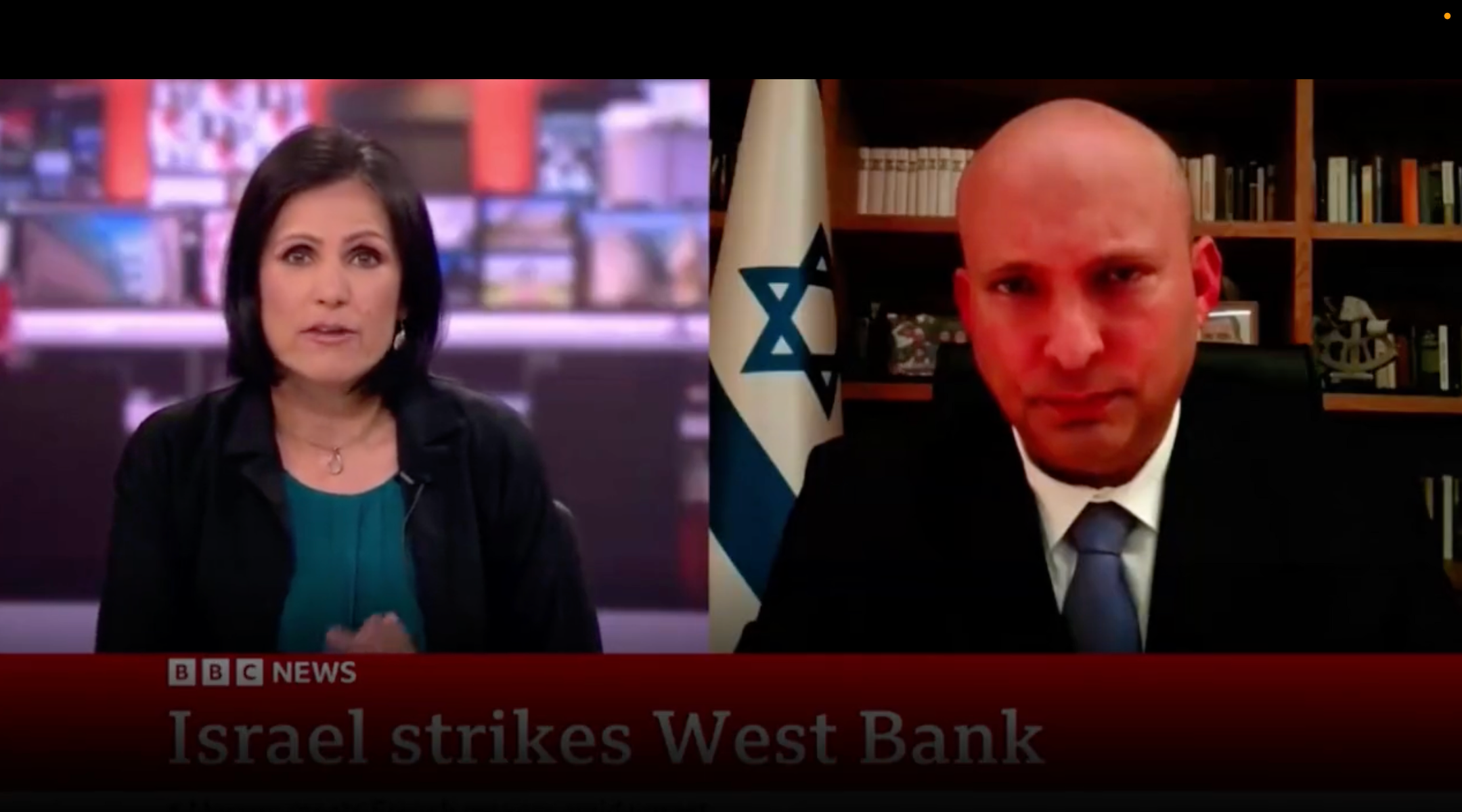 BBC anchor Anjana Gadgil interviews former Israeli Prime Minister Naftali Bennett on July 4, 2023. (Screenshot from Twitter)