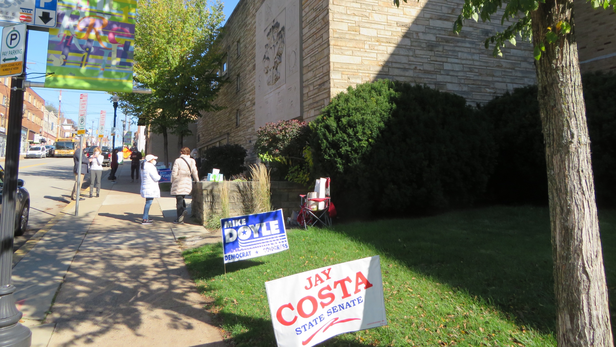 Voters line up outside a voting place in a synagogue Shaare Torah, on Election Day in Pittsburgh, Nov. 3, 2020. (Ron Kampeas)