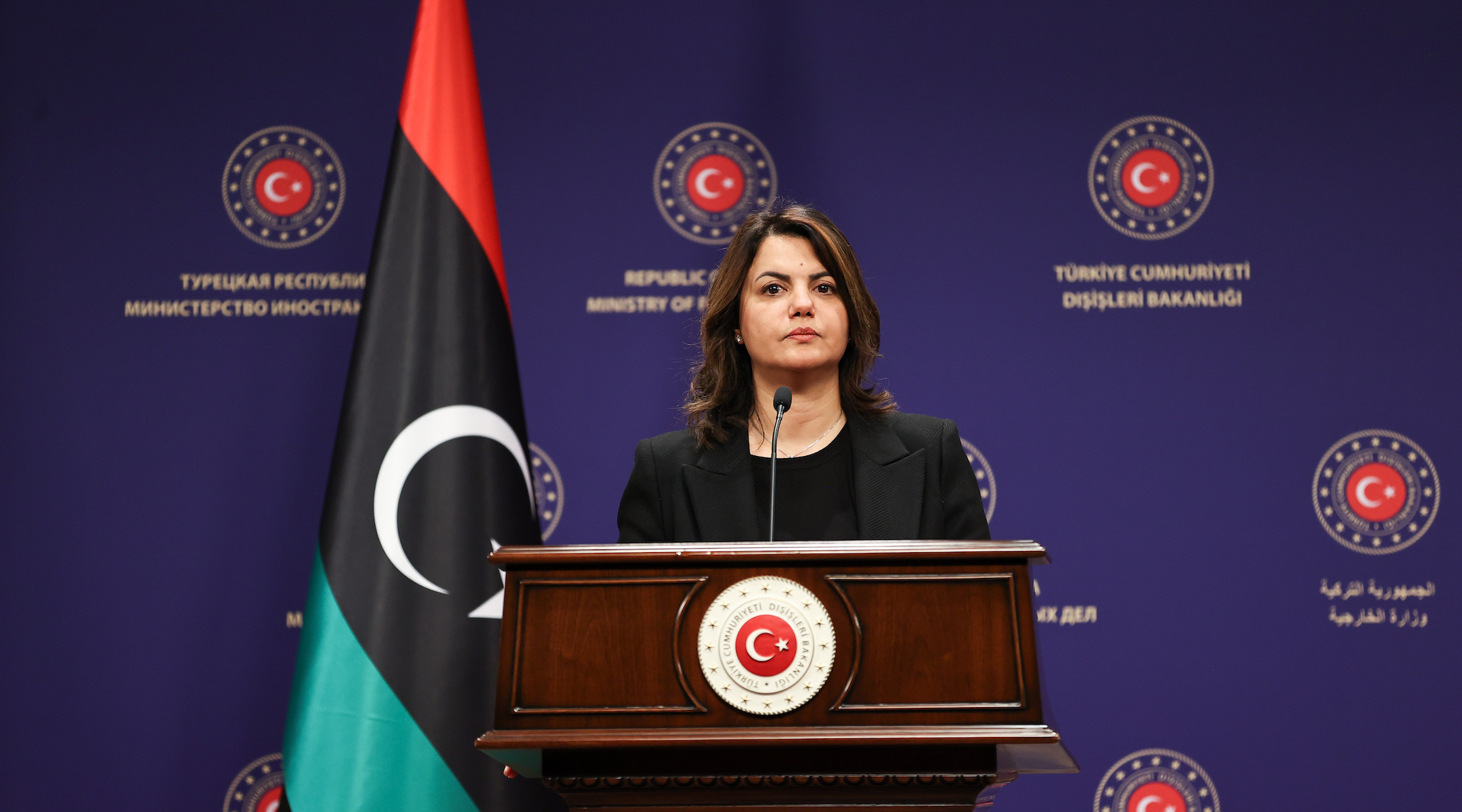 Libyan Foreign Minister Najla Mangoush speaking in Ankara, Turkiye on February 13, 2023. (Murat Gok/Anadolu Agency via Getty Images)