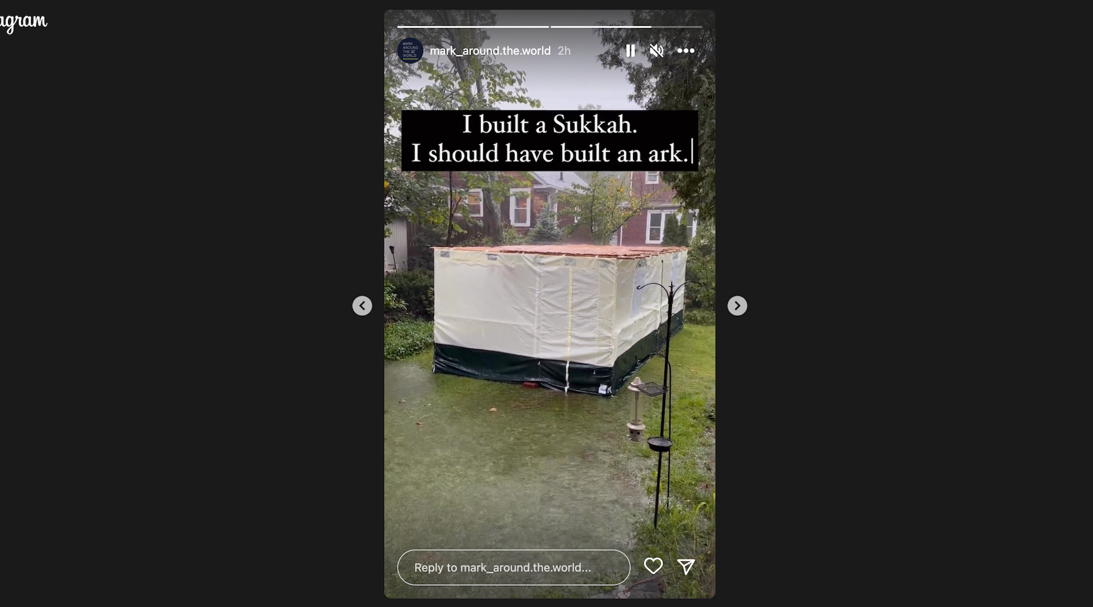 Mark Vogel, a Riverdale resident, posted a picture of his sukkah in a flooded yard to Instagram on Friday. (Screenshot)