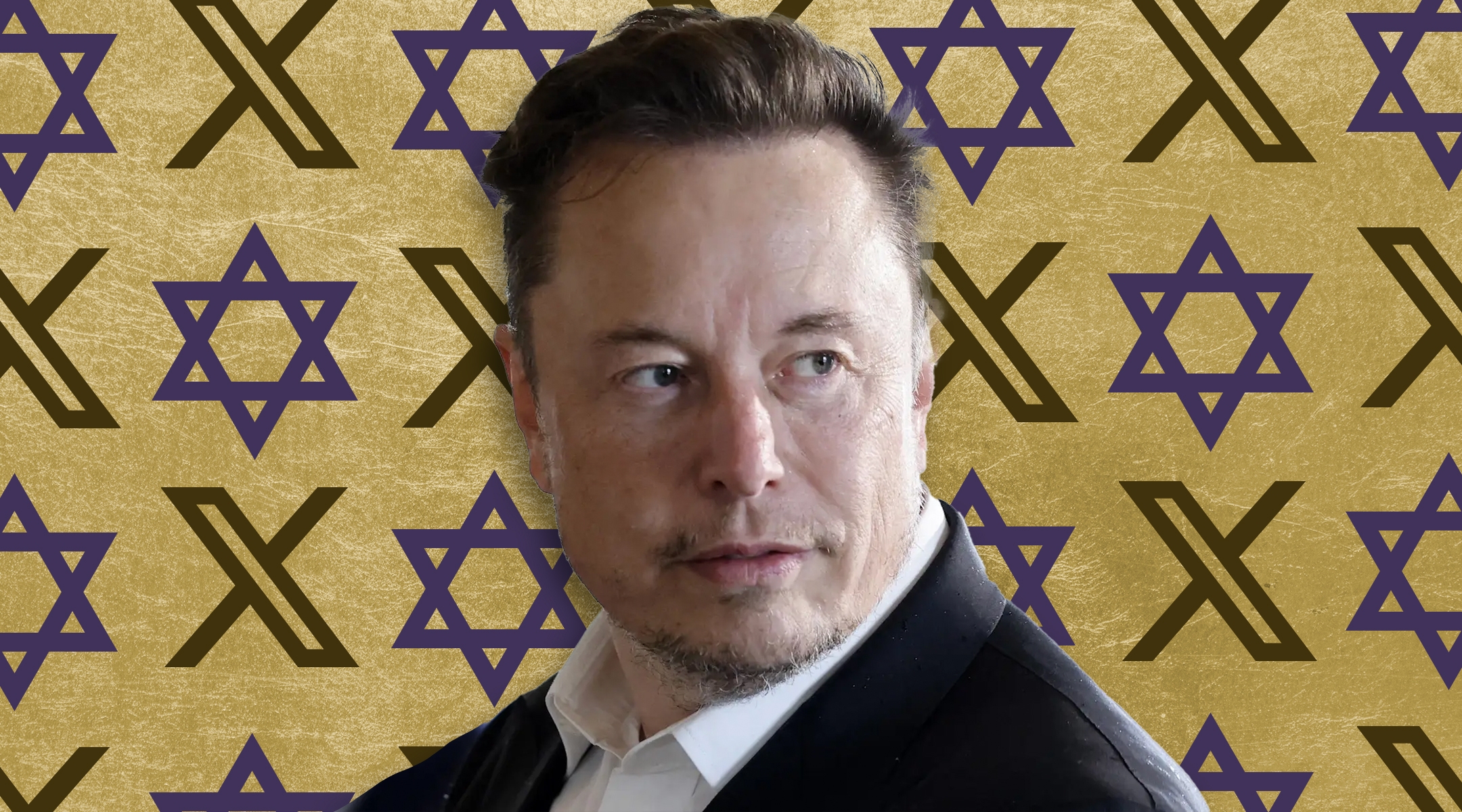 Elon Musk surrounded by "X" symbols and Stars of David