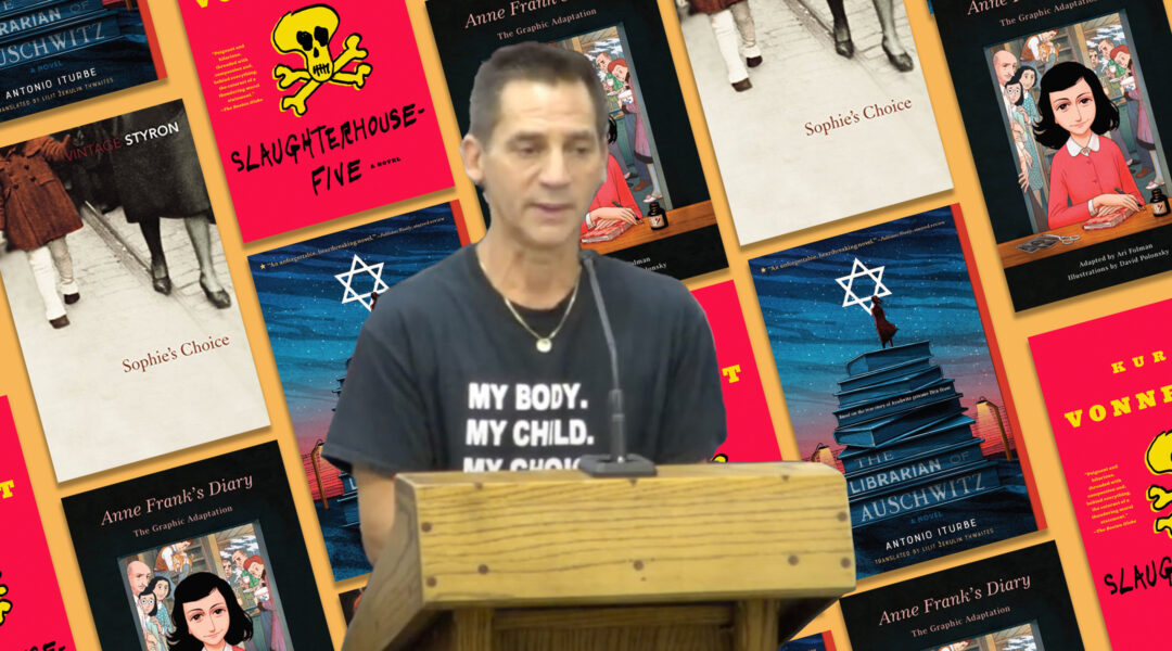 A man testifies against books as images of books he's challenged surround him
